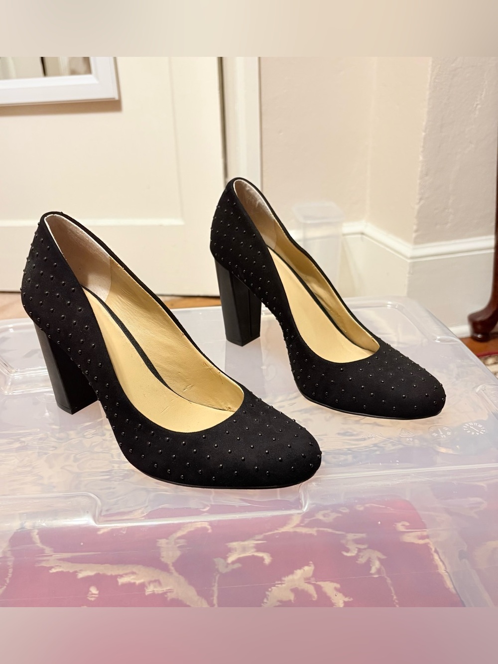 Ann Taylor Studded Block High Heel Pumps - In Black Suede